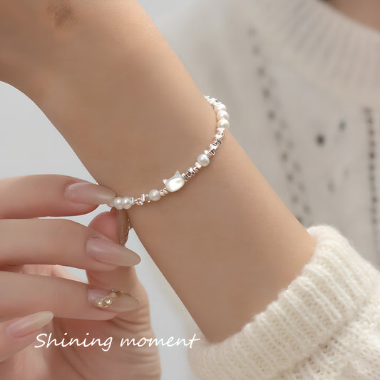 Sterling Silver Kitten Pearl Broken Silver Bracelet - Minimalist INS Style