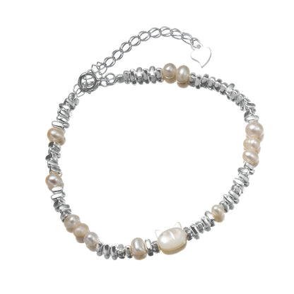 Sterling Silver Kitten Pearl Broken Silver Bracelet - Minimalist INS Style