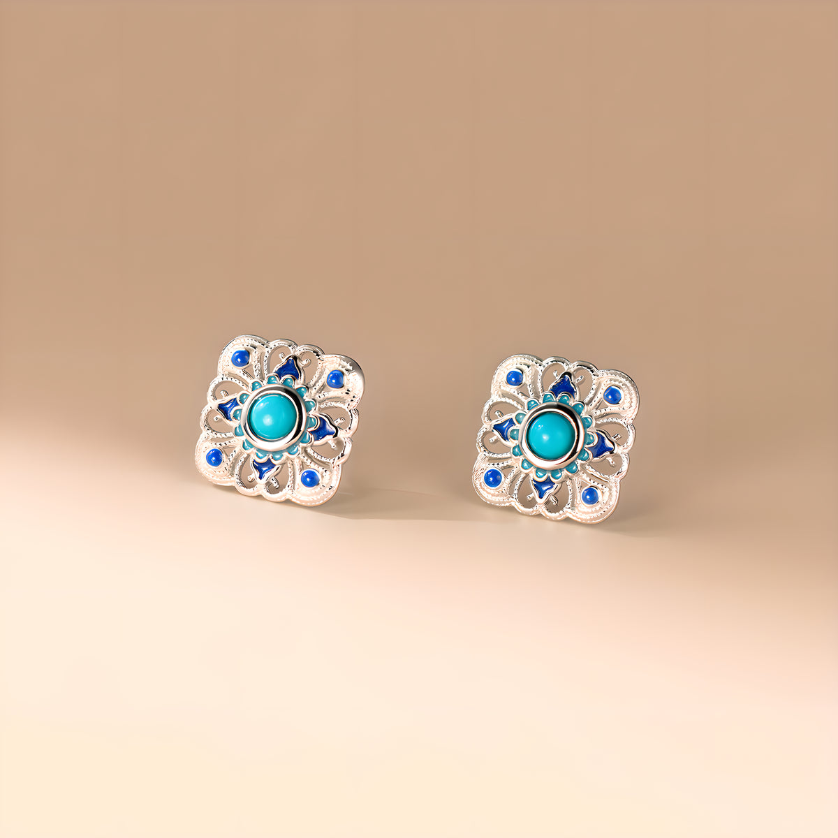 Turquoise Lace Square Stud Earrings in Sterling Silver
