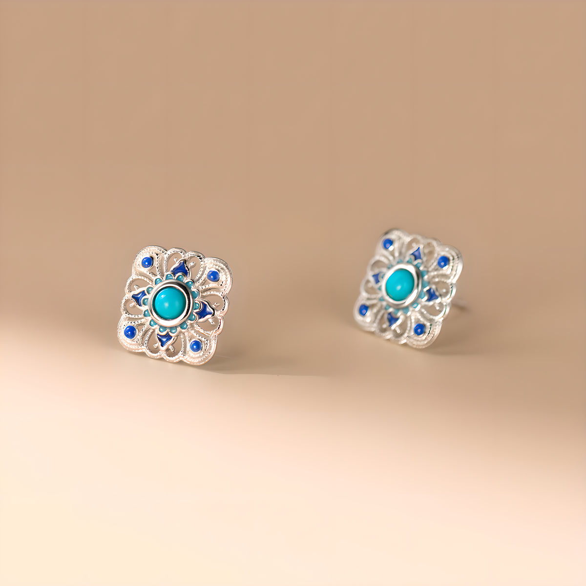 Turquoise Lace Square Stud Earrings in Sterling Silver