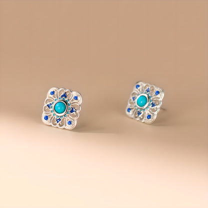 Turquoise Lace Square Stud Earrings in Sterling Silver