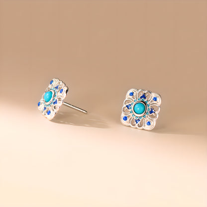 Turquoise Lace Square Stud Earrings in Sterling Silver
