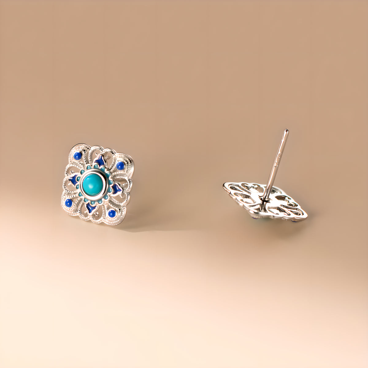 Turquoise Lace Square Stud Earrings in Sterling Silver