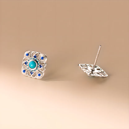 Turquoise Lace Square Stud Earrings in Sterling Silver