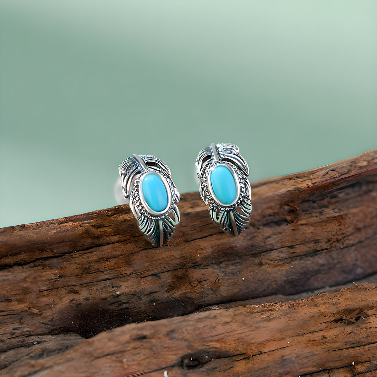 Turquoise S925 Sterling Silver Feather Oval Egg Shape Vintage Bohemian Clip-on Earrings