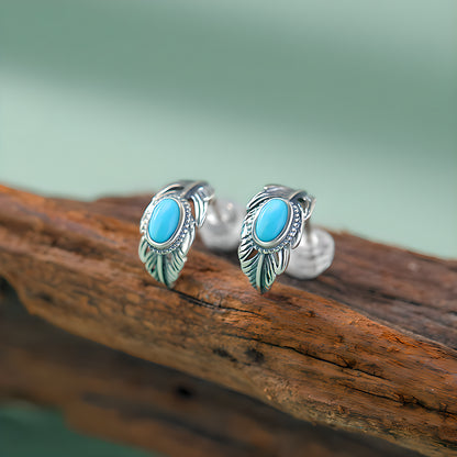 Turquoise S925 Sterling Silver Feather Oval Egg Shape Vintage Bohemian Clip-on Earrings