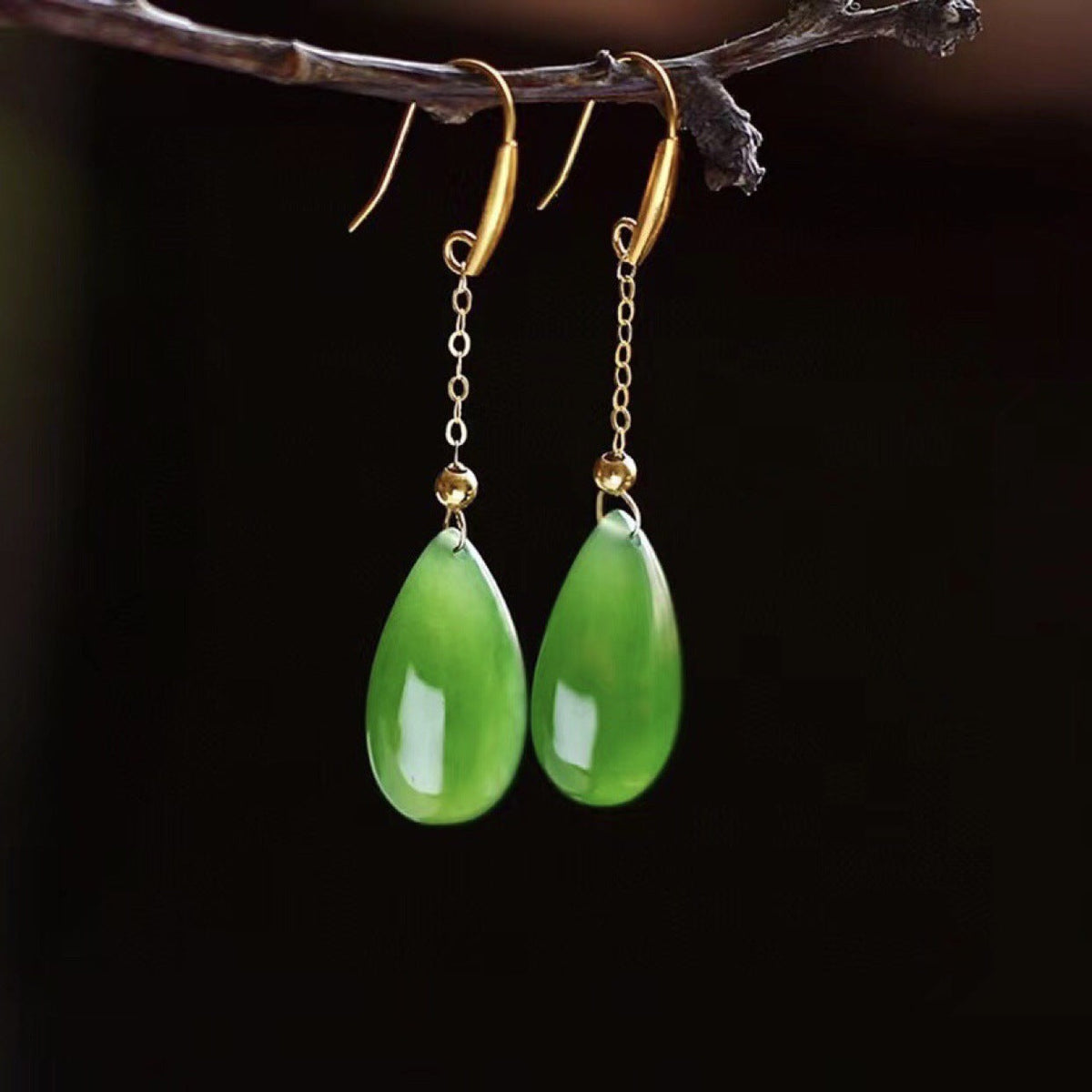 Vibrant Green Hetian Jade Teardrop Dangle Earrings
