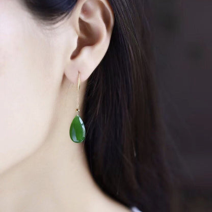 Vibrant Green Hetian Jade Teardrop Dangle Earrings