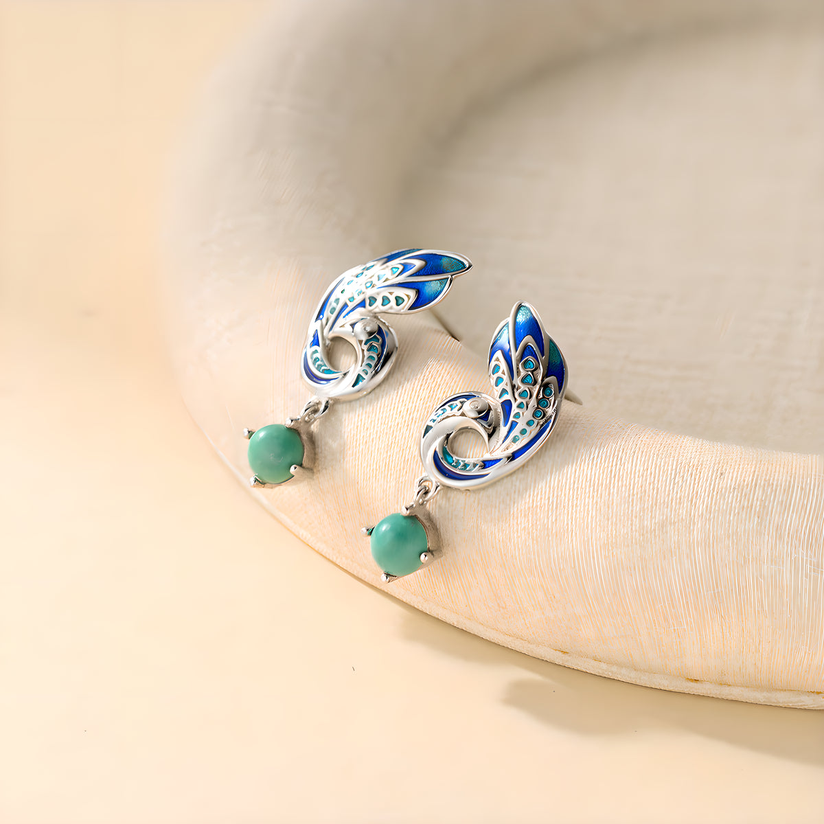 Vintage Enamel Peacock Turquoise Stud Earrings in Sterling Silver