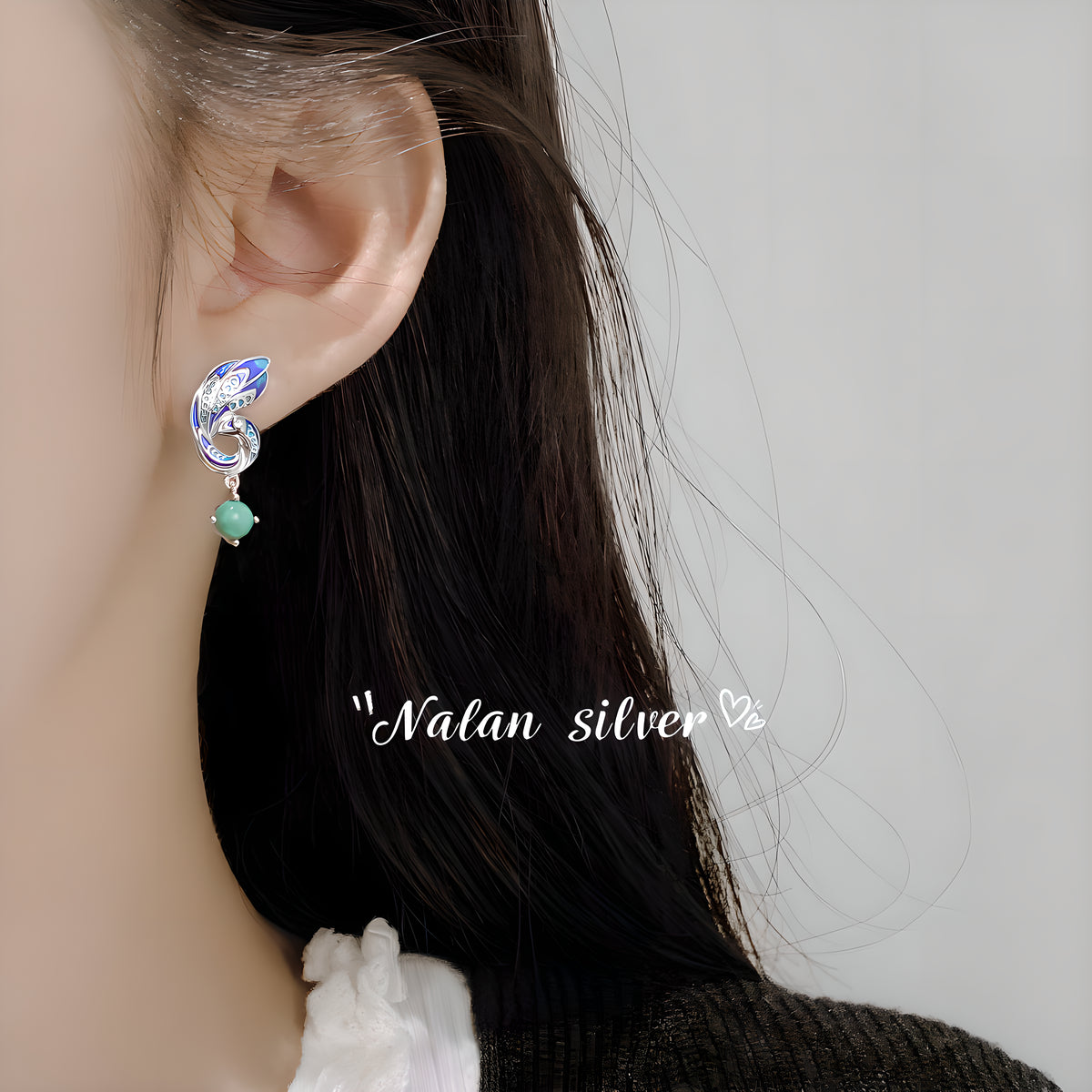 Vintage Enamel Peacock Turquoise Stud Earrings in Sterling Silver