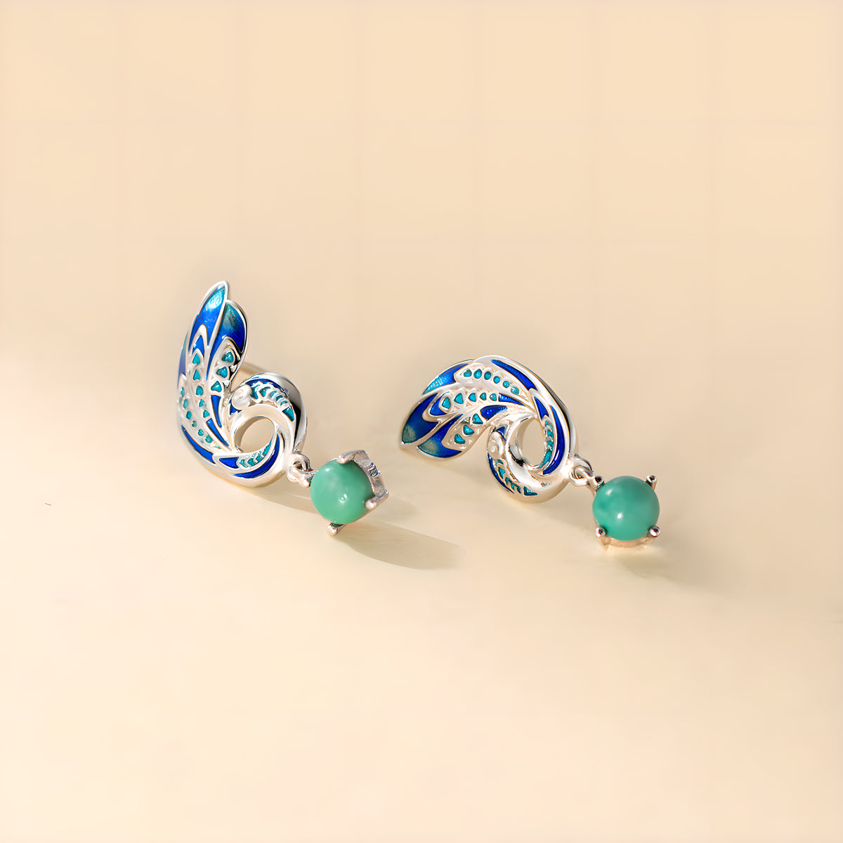 Vintage Enamel Peacock Turquoise Stud Earrings in Sterling Silver