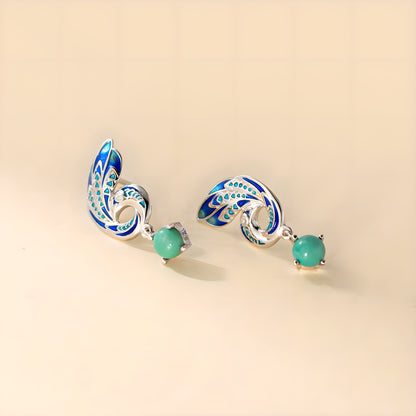 Vintage Enamel Peacock Turquoise Stud Earrings in Sterling Silver