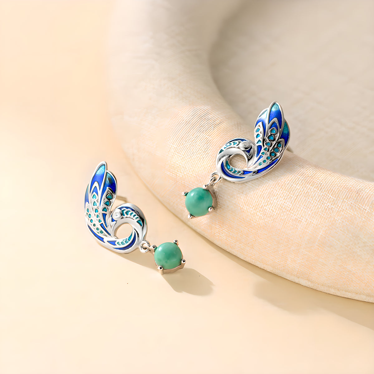 Vintage Enamel Peacock Turquoise Stud Earrings in Sterling Silver