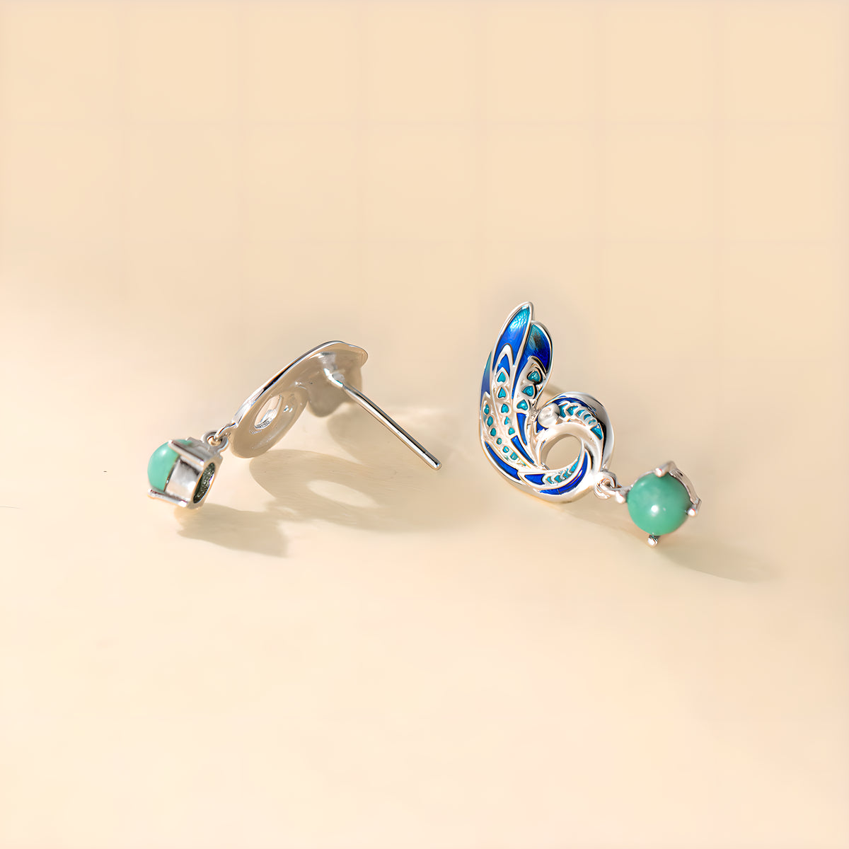 Vintage Enamel Peacock Turquoise Stud Earrings in Sterling Silver