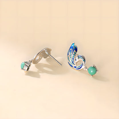 Vintage Enamel Peacock Turquoise Stud Earrings in Sterling Silver