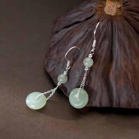 Vintage Hetian Jade Drop Earrings in S925 Sterling Silver