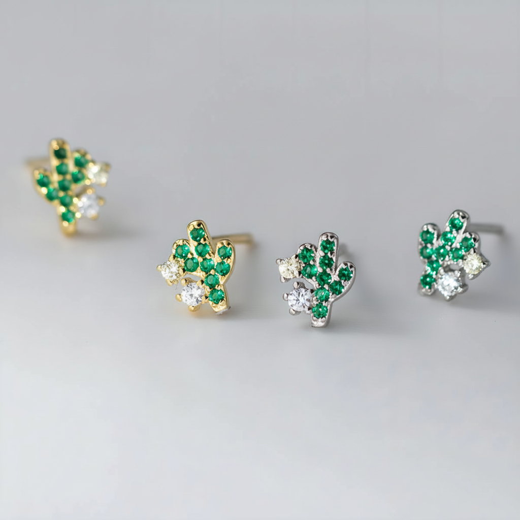 Sparkling Zircon Cactus Stud Earrings in Sterling Silver