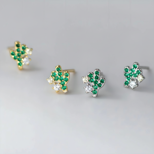 Sparkling Zircon Cactus Stud Earrings in Sterling Silver