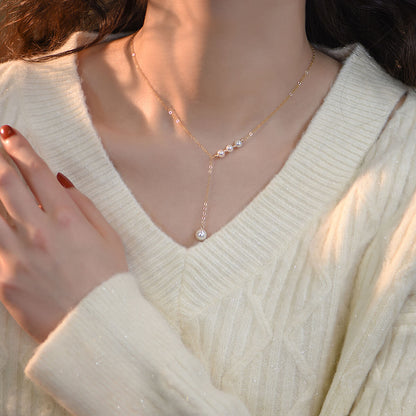 Natural Pearl Y Style Gold Necklace, 14K Plated Gold Pendant - LUXYIN