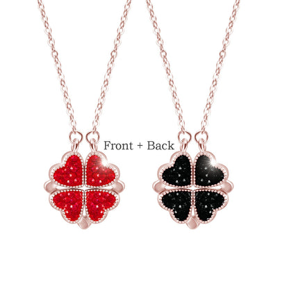 Lucky Heart Two-sided Foldable Necklace, Clover Magnet Pendant Chain