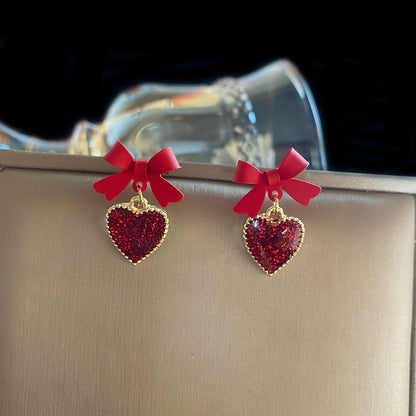 Red Bowknot Heart Stud Earrings