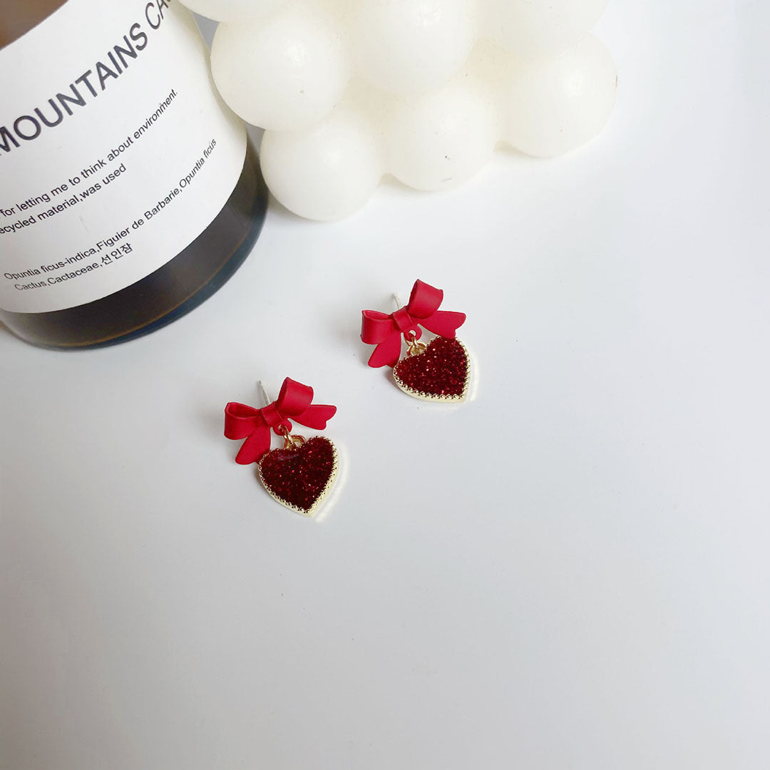 Red Bowknot Heart Stud Earrings