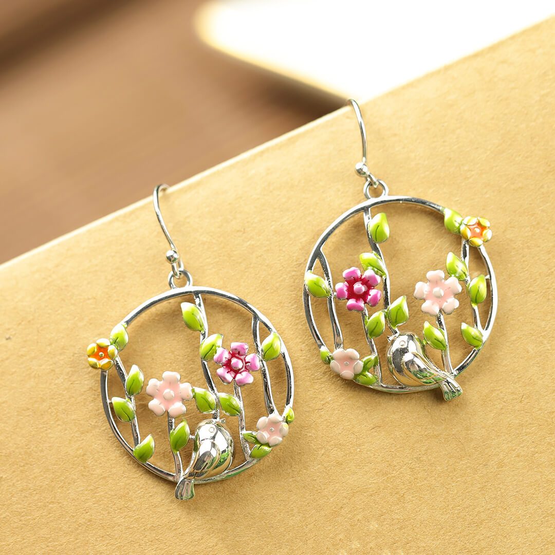 Forest Story Bird Flower Drop Earrings