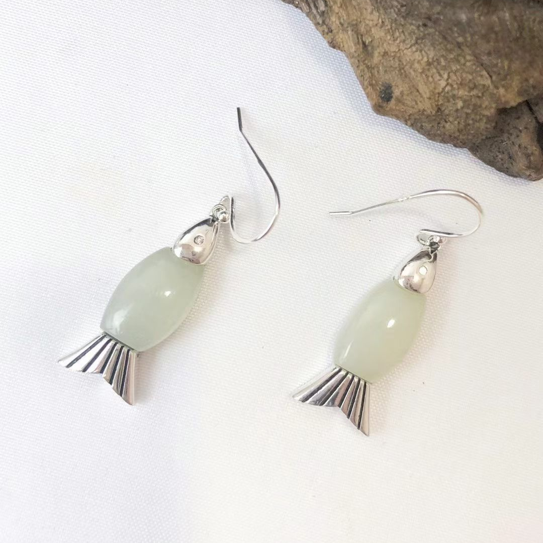 Natural White Jade Fish Drop Earrings