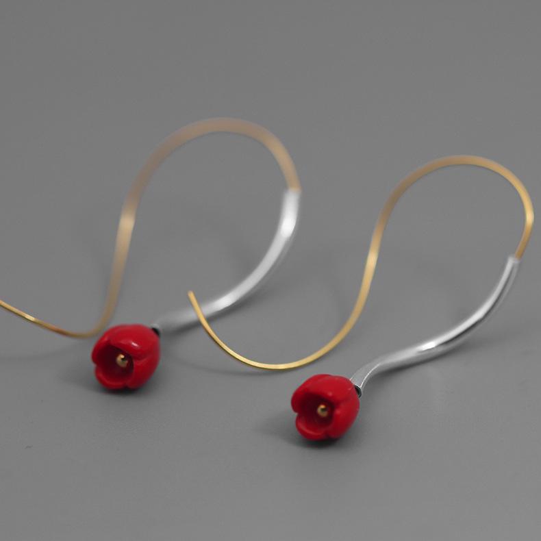 Vintage Red Flower Silver Earrings
