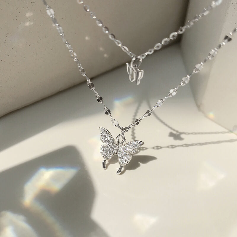 LUXYIN | S925 Silver Double Butterflies Necklace, Zircon Pendant Chain