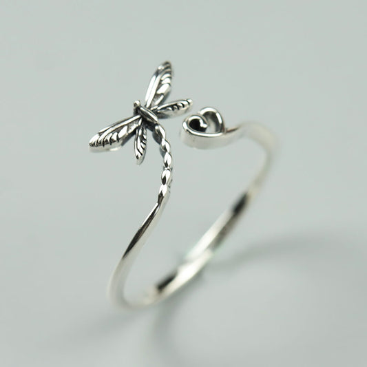 Vintage Dragonfly Heart Silver Open Ring