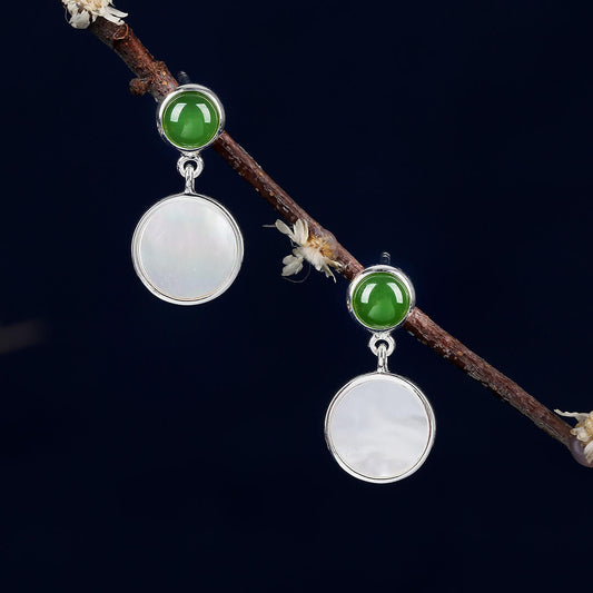 Shell Stone Green Jade Stud Dangle Earrings