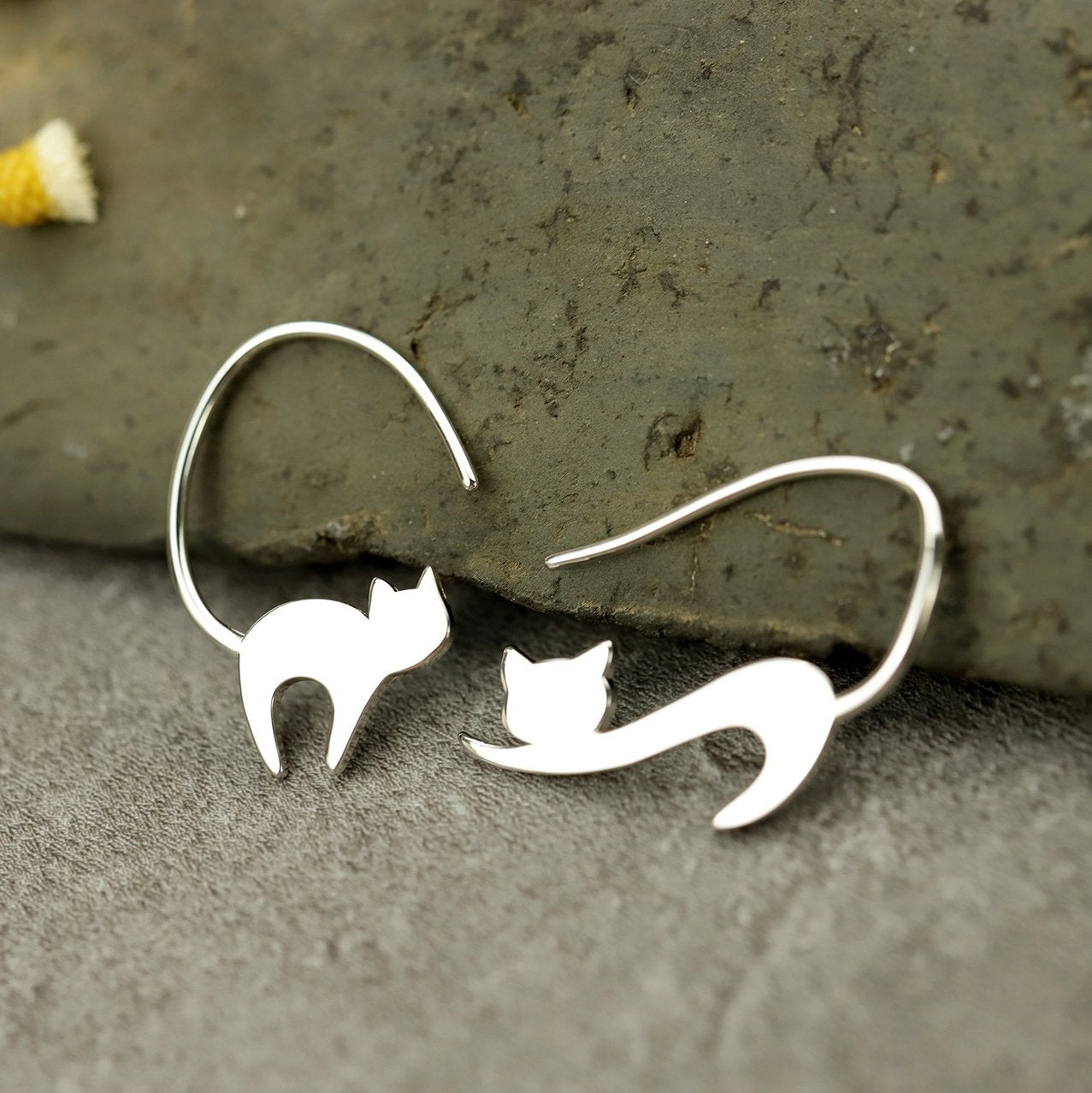 Funny Cat Silver Drop Earrings