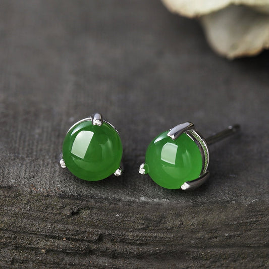 Natural Green Jade Silver Stud Earrings