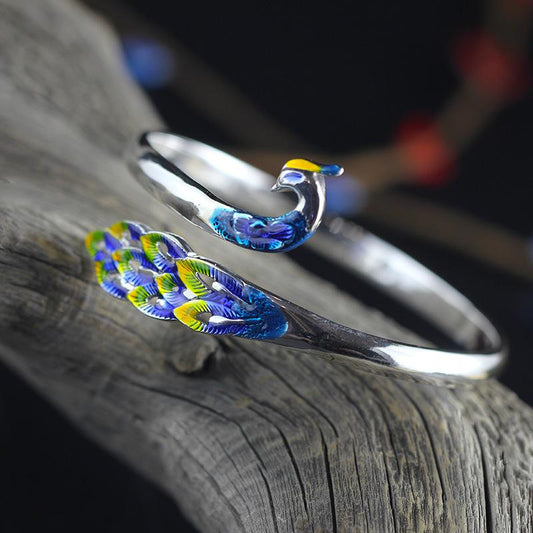 Gorgeous Blue Peacock Silver Bangle