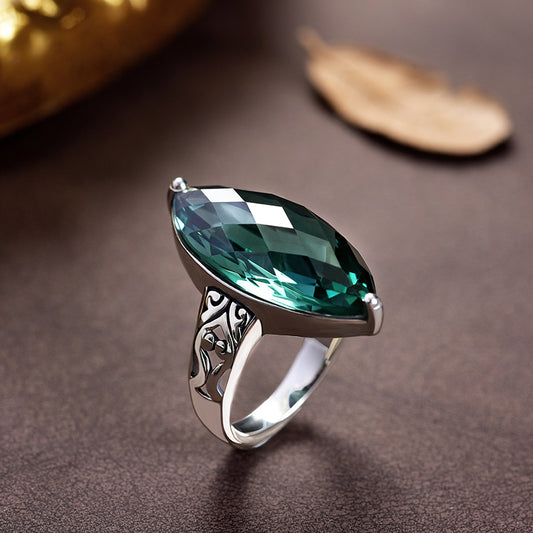 Green Crystal Silver Adjustable Ring