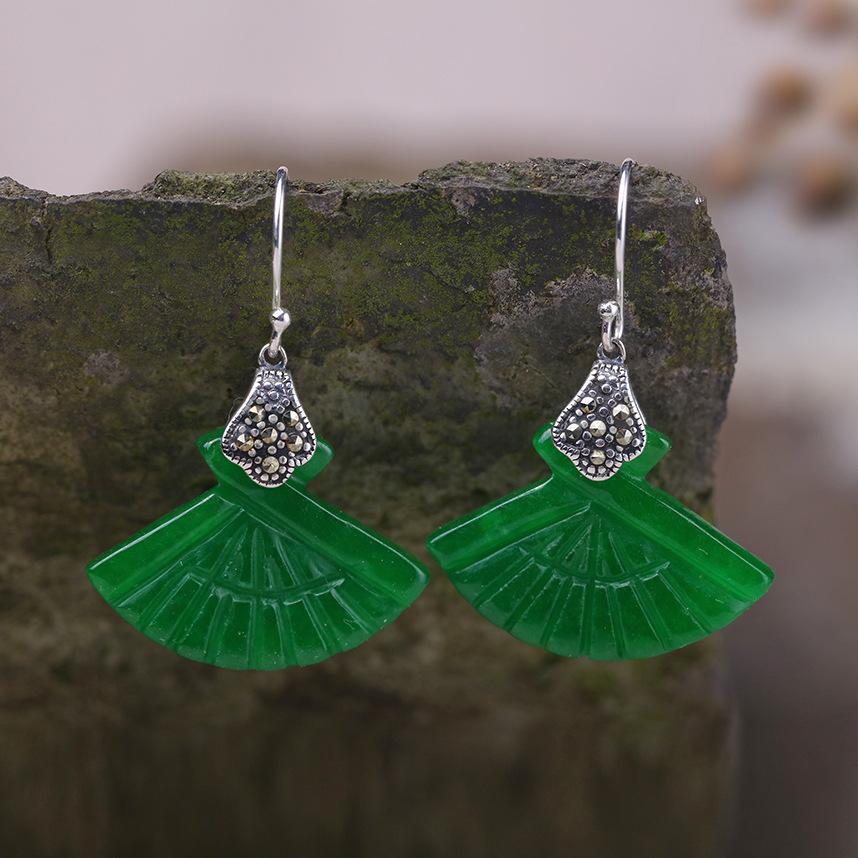 Original Fan-shaped Green Jade Drop Dangle Earrings