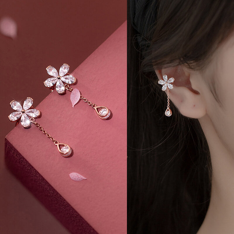 RoseGold Flower Tassel Clipon Earrings, Non-pierced Ear Cuffs - LUXYIN