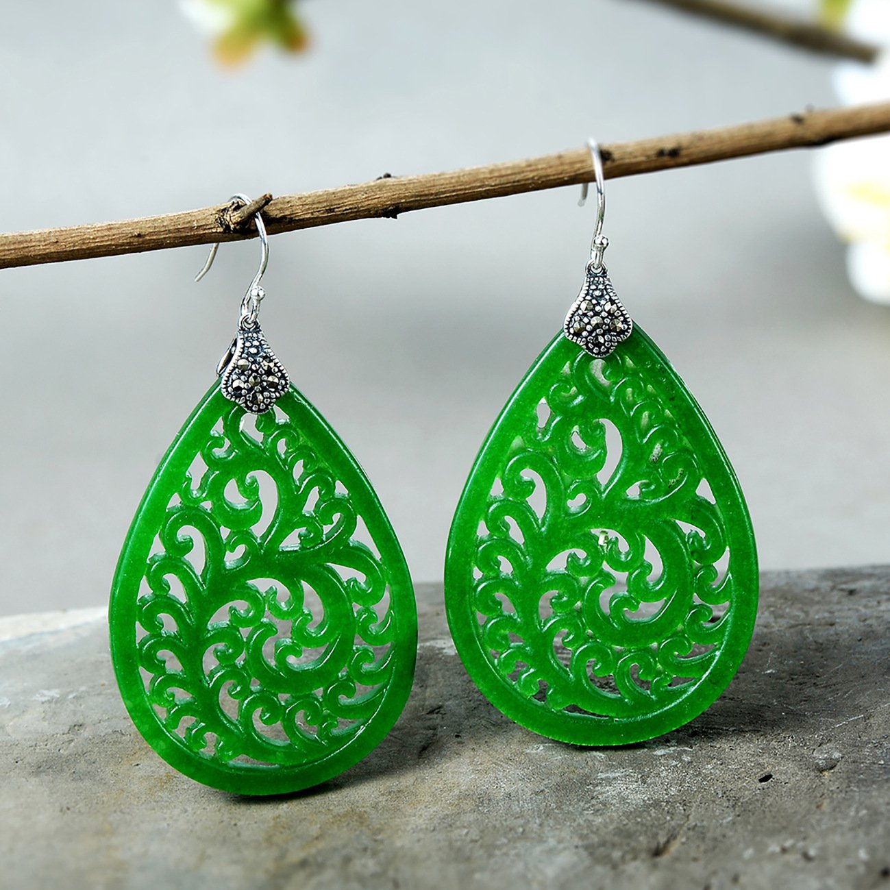 Handmade Engraved Green Jade Drop Dangle Earrings