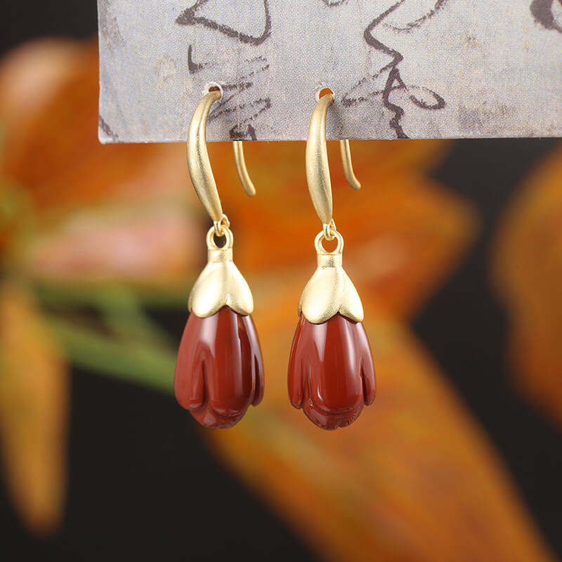 Mangnolia Red Agate Dangle Earrings With Plated Gold - LUXYIN