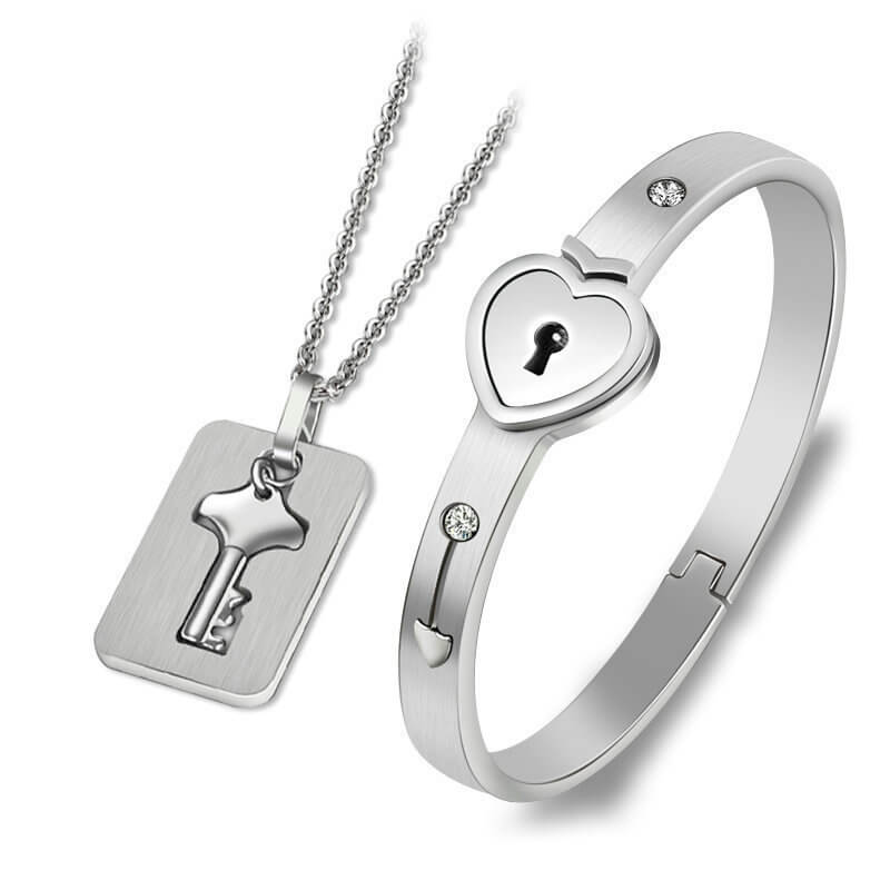 Couple Heart Lock Bangle Key Necklace, Lock Key Pendant - LUXYIN