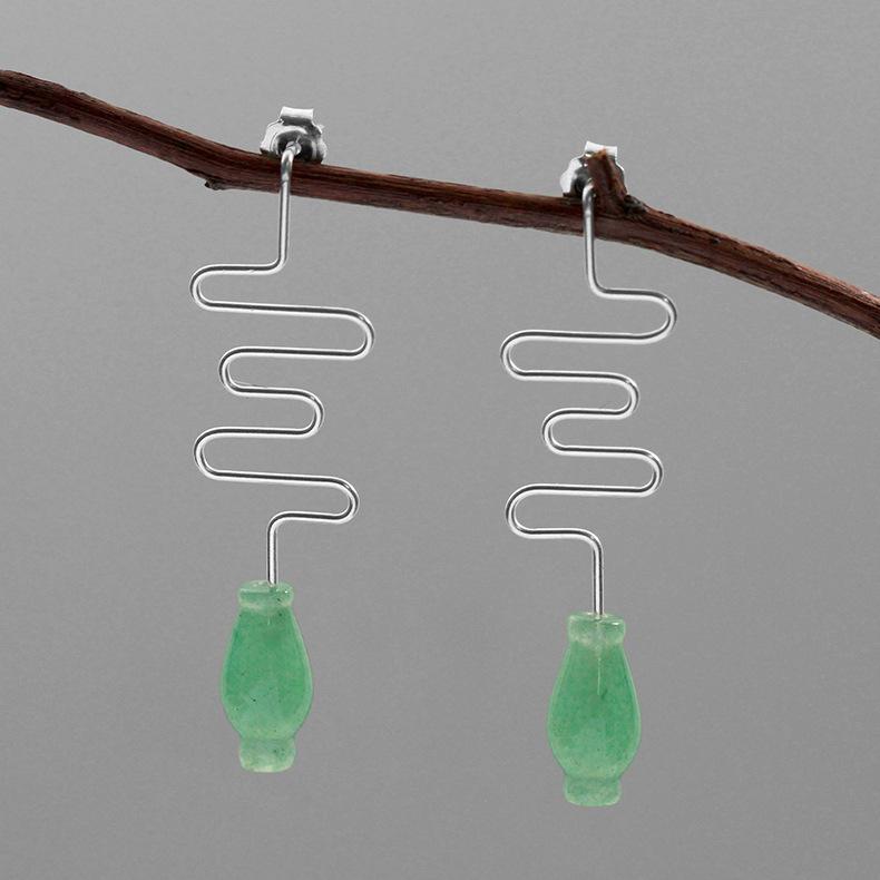 Handmade Vase Natural Green Jade Silver Stud Earrings