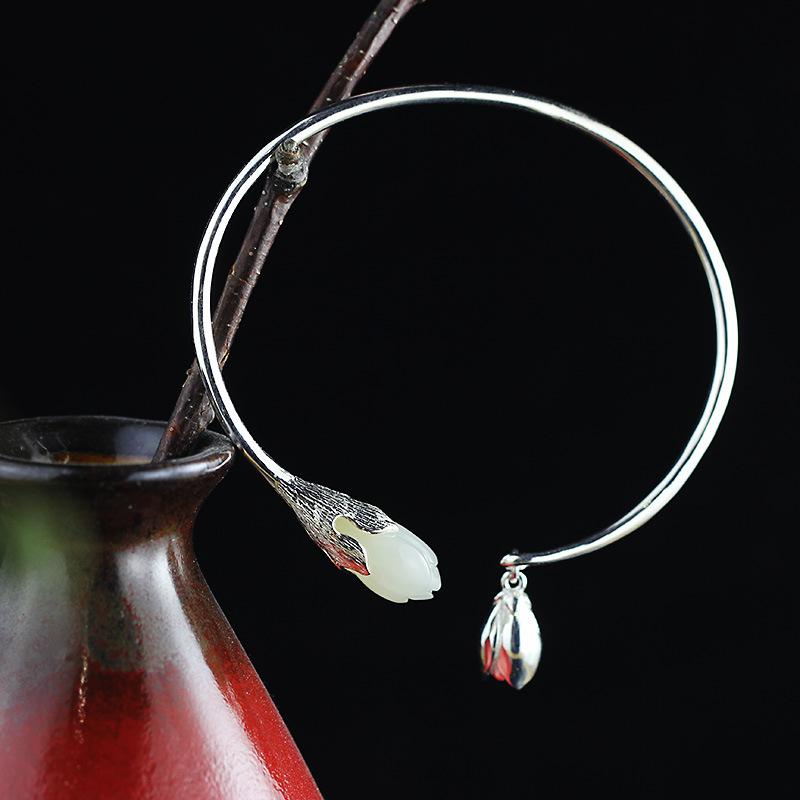 Vintage Jade Flower Silver Bangle