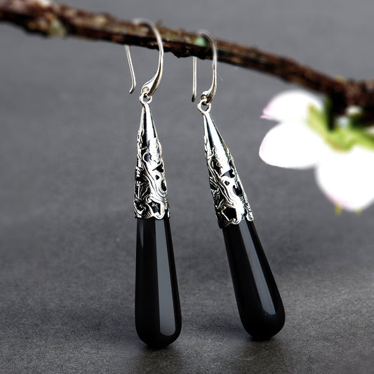 Original Black Agate Long Drop Earrings