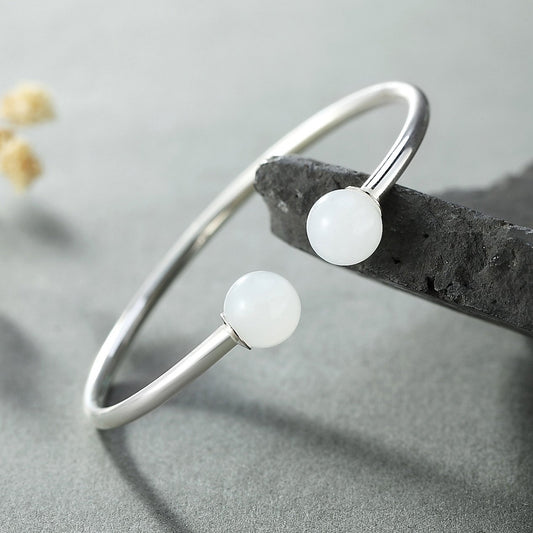 Natural White Jade Silver Bangle