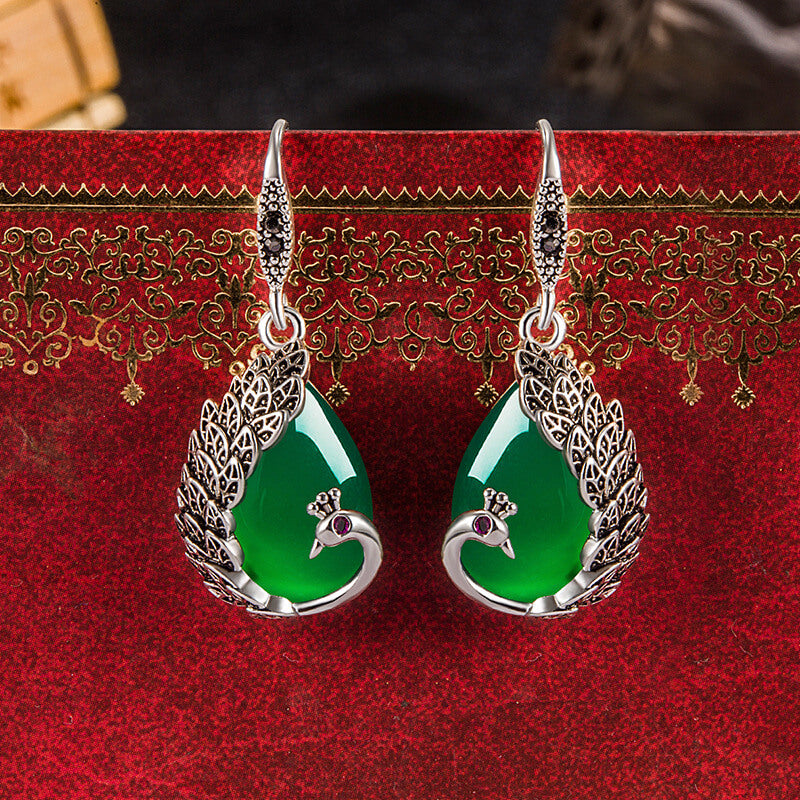 LUXYIN | Green Jade Peacock Silver Drop Earrings, Natural Stone Dangle