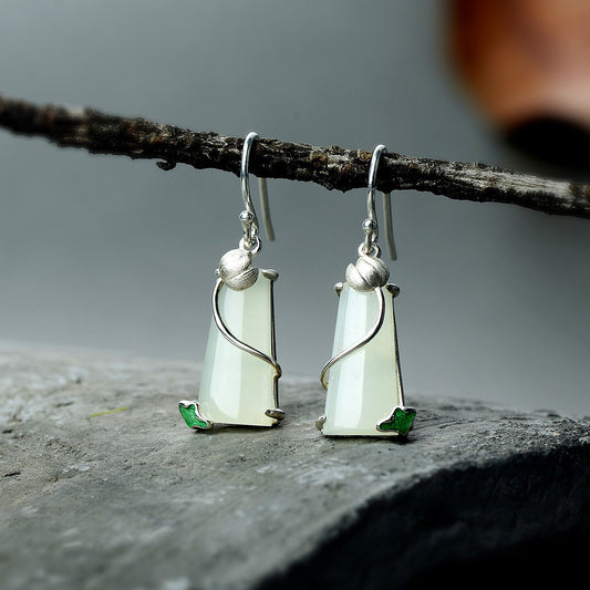 Natural White Jade Lotus Hook Drop Earrings