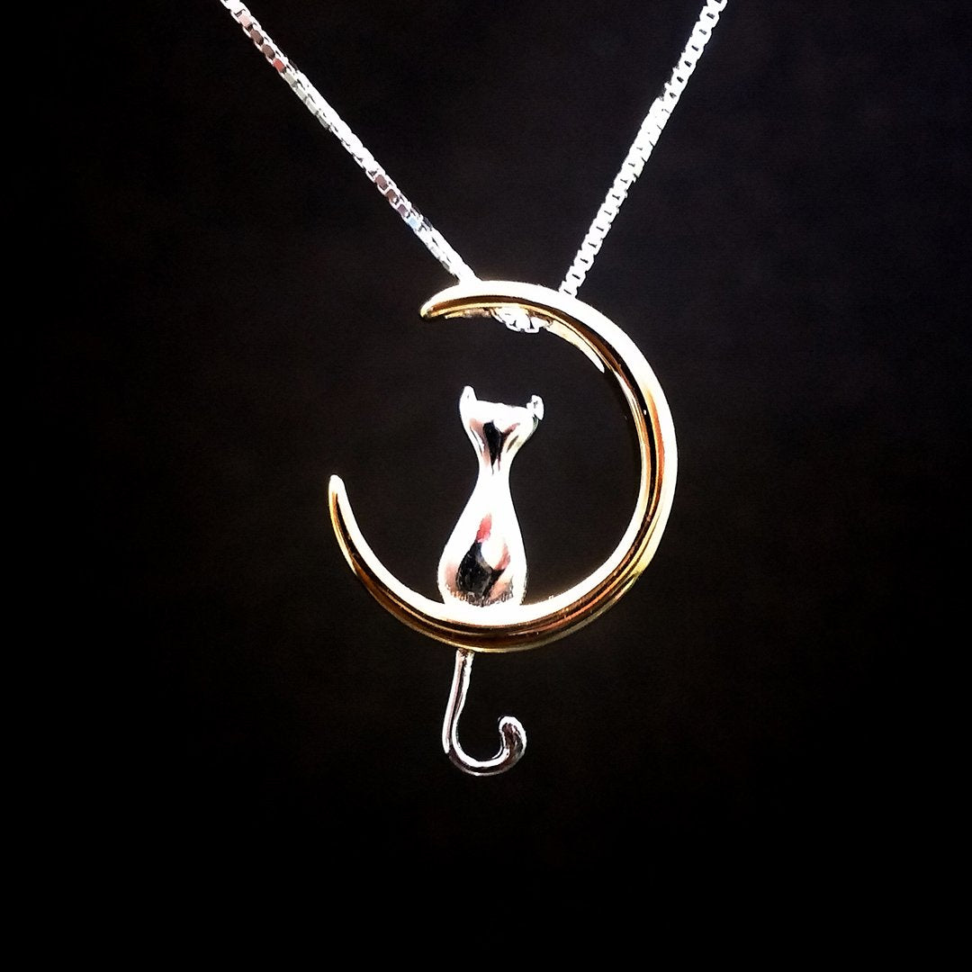 Cat and Moon Silver Necklace