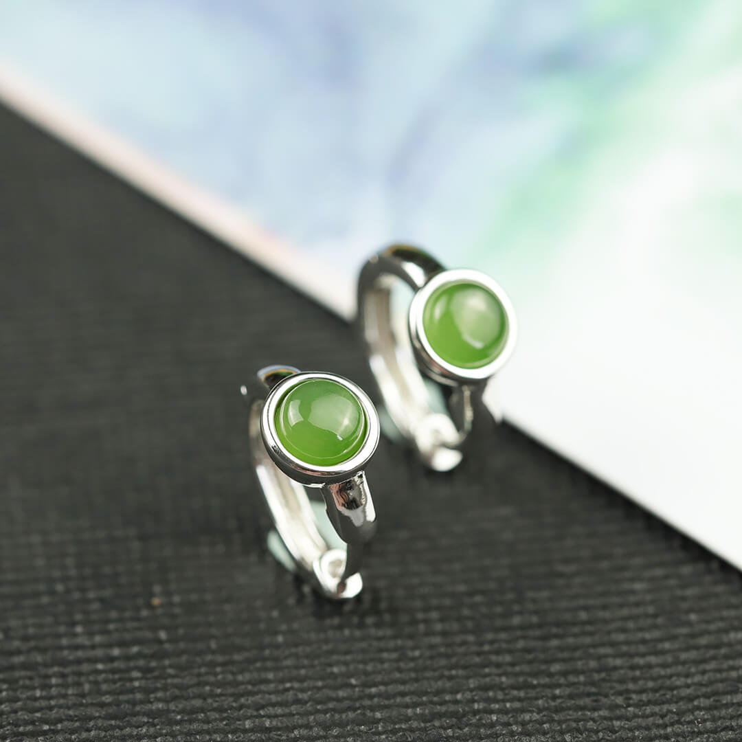 Green Jade Silver Hoop Earrings