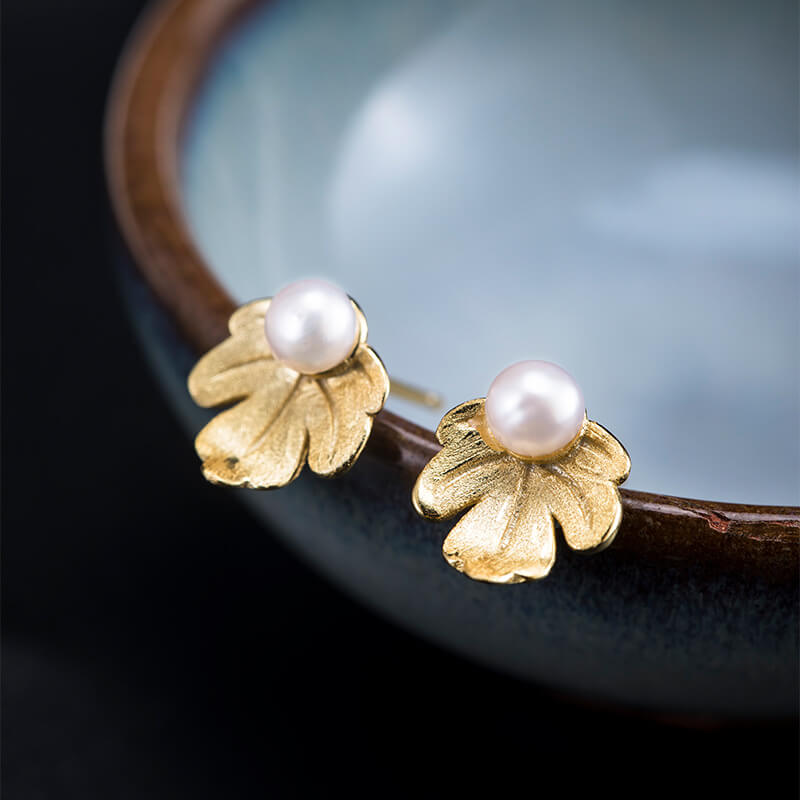 Maple Leaf Freshwater Pearl Silver Earrings